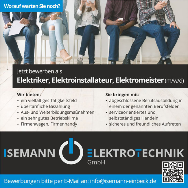 Isemann Elektrotechnik GmbH, 37574 Einbeck - Jetzt bewerben als Elektriker, Elektroinstallateur, Elektromeister (m/w/d)